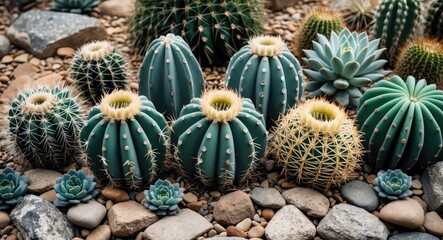 Obraz premium Various species of cacti and succulents arranged among pebbles in a desert landscape setting.