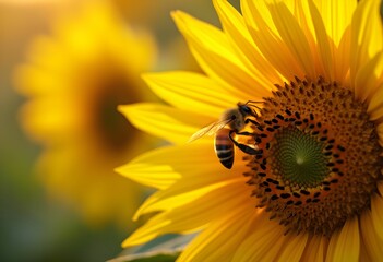 Obraz premium Springtime Pollination: A Bee on a Glowing Sunflower