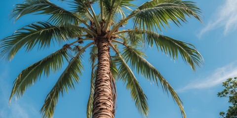 Fototapeta premium Palm tree against a clear blue sky with green leaves and textured trunk in a tropical landscape.