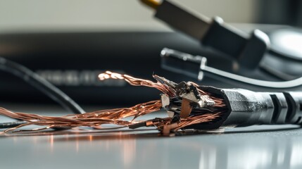 Damaged cables with exposed copper on a clean desk. Featuring frayed edges and broken insulation