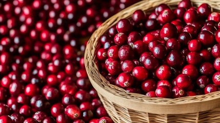 Fresh Cranberries Abundant In A Rustic Basket, Seasonal Autumn Winter Theme Food Background.