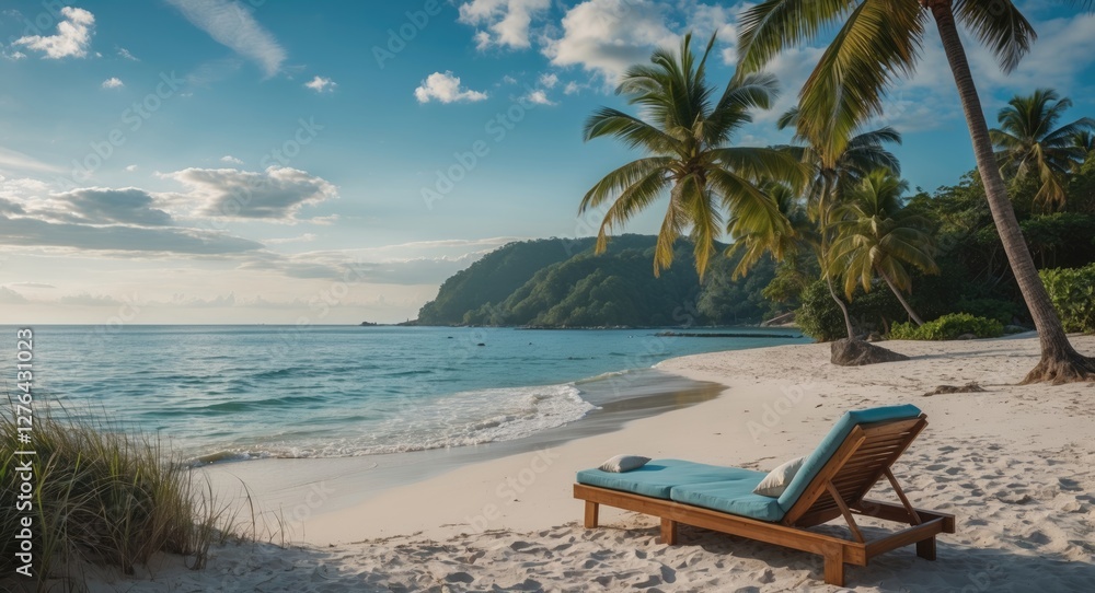 Poster Tropical beach scene with a lounge chair, palm trees, calm waters, and distant mountains under a clear sky during daytime.