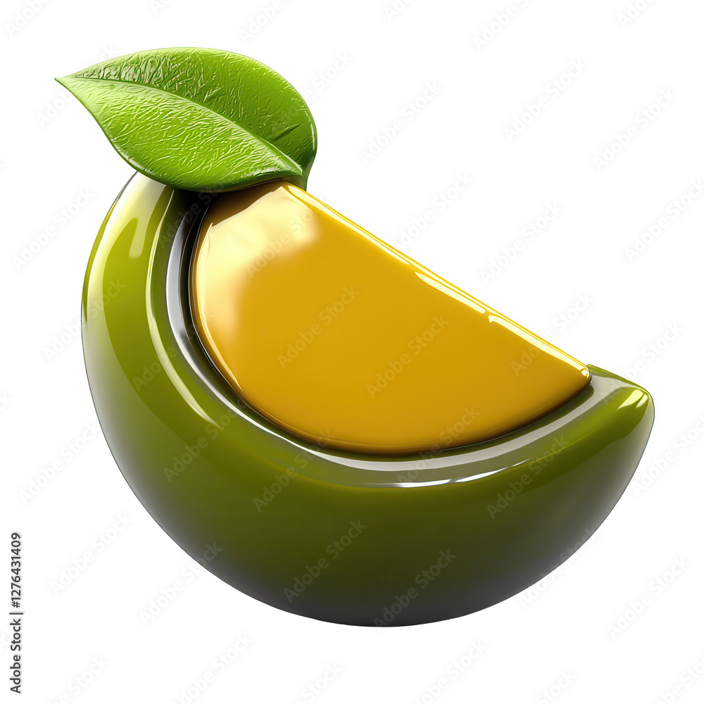 Poster a 3d render of a glossy olive with a shiny surface and a green leaf. the design is modern and styliz