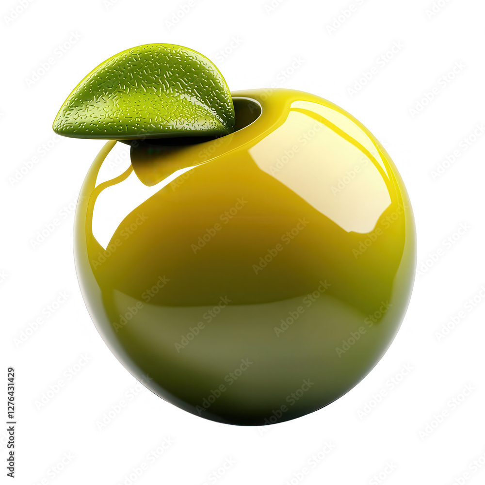 Poster a glossy 3d rendering of a stylized olive, halved to reveal a lime wedge sitting inside. the design 