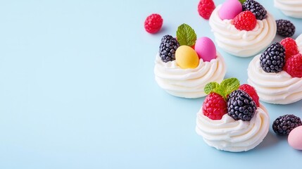Fluffy meringue nests with Easter egg candies and fresh fruit toppings