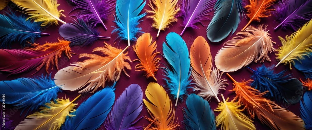 Poster colorful assorted feathers arranged flat on a dark background showcasing vibrant hues and textures o