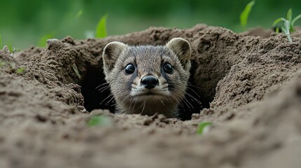 Curious mammal peering from burrow in grassy field