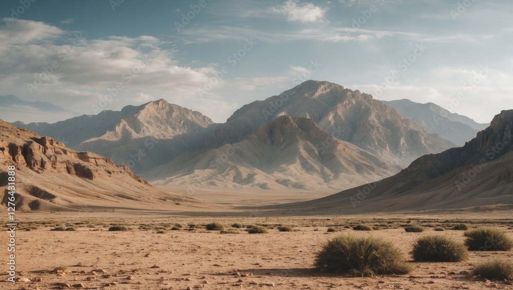 Poster desolate desert landscape with mountains in the background under a partly cloudy sky and sparse vege
