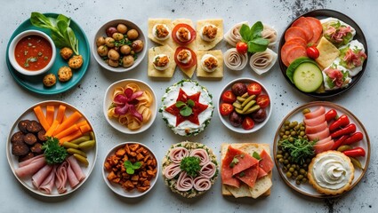 Variety of appetizers and snacks arranged on a table including olives, meats, vegetables, dips, and bread in bowls and plates