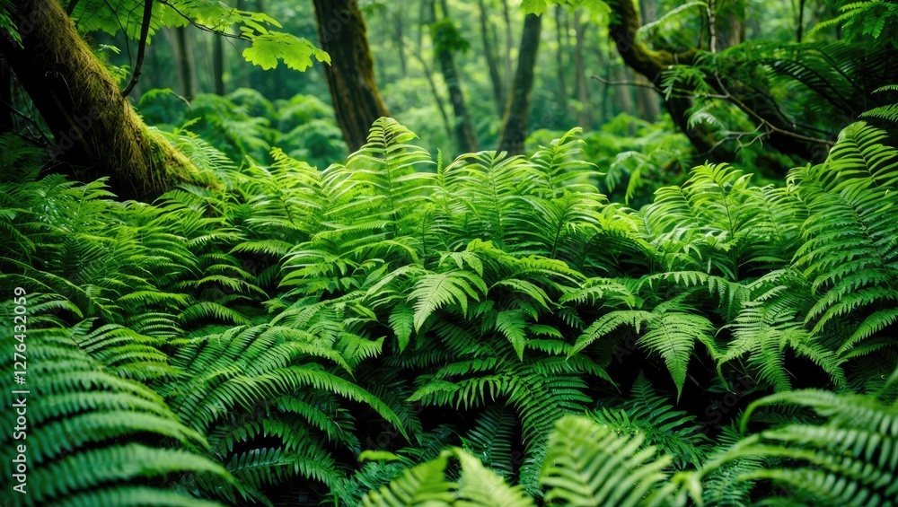 Poster lush green ferns in a dense forest with soft natural light filtering through trees in a tranquil woo