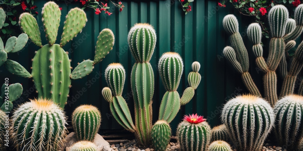 Aufkleber various types of cacti arranged in a garden setting with vibrant green backdrop and decorative flowe