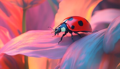 Fototapeta premium A bright red ladybug crawls on a vibrant flower petal