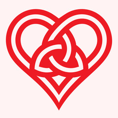 Fototapeta premium Red heart embellished with a Celtic knot design at its center. The intricate intertwining loops symbolize interconnectedness and unity, radiating sentiments of love and togetherness. 