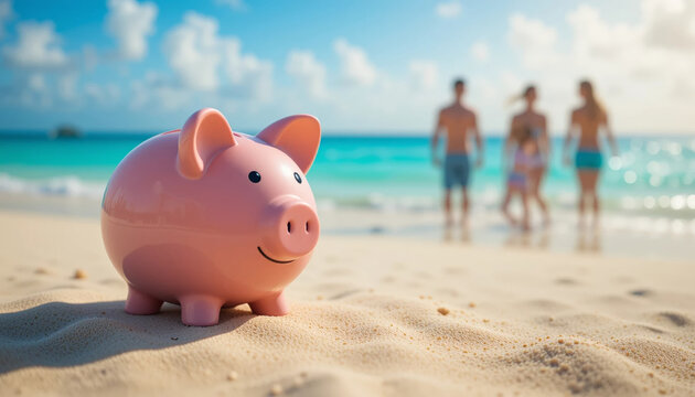 pink piggy bank on sandy beach symbolizes saving for vacations and financial planning, with people enjoying sun and sea in background