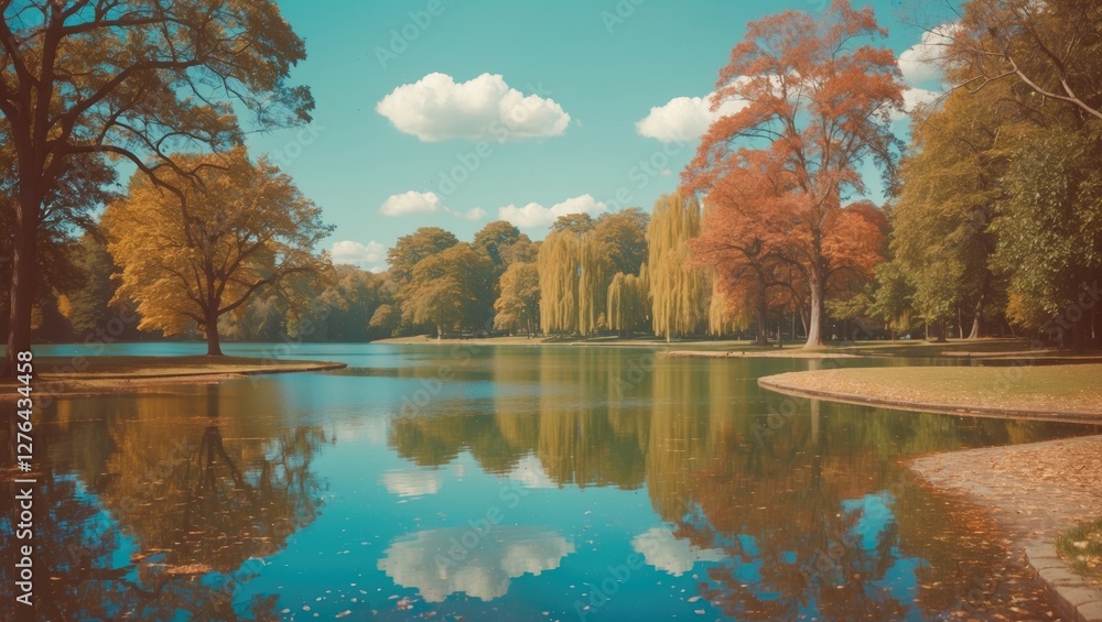 Poster autumn landscape with colorful trees reflecting in calm water of a lake under a clear sky with white