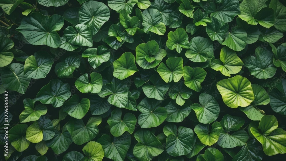 Poster dense layer of vibrant green ivy leaves in natural sunlight creating a rich texture and pattern back