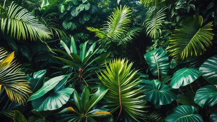 Lush tropical foliage with diverse green leaves creating a textured natural background in a dense jungle setting