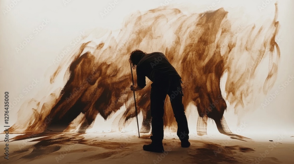 Poster artist creating abstract art with brown colors on canvas background