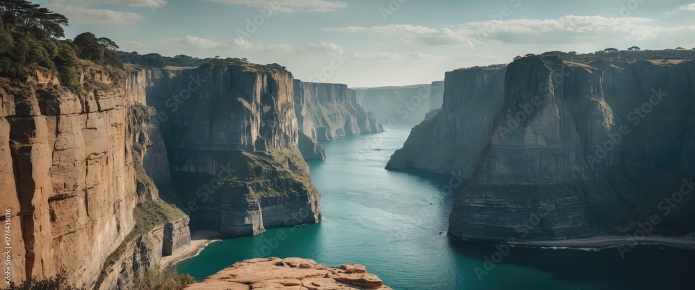 Poster panoramic view of a deep canyon with steep cliffs and a winding river under a cloudy sky in a natura