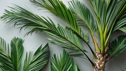 Tropical palm leaves arranged against a light textured wall showcasing vibrant green colors and natural patterns