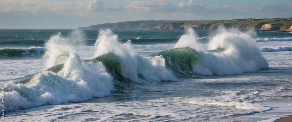 Poster ocean waves crashing on the shore with rocky cliffs in the background under a cloudy sky during dayl