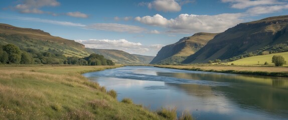 Scenic landscape of a calm river surrounded by lush green hills and blue skies with clouds in a natural setting.