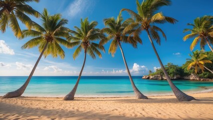 Fototapeta premium tropical beach with palm trees and clear blue ocean under a bright sky with fluffy clouds in a serene landscape environment