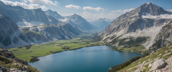 Mountain landscape with a tranquil lake surrounded by green fields and rugged peaks under a blue sky and scattered clouds