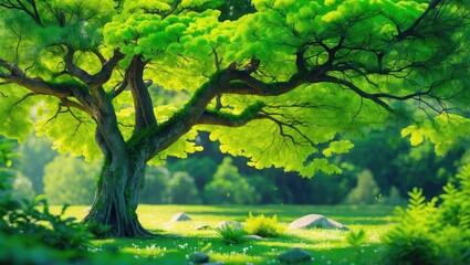lush green tree in natural landscape with vibrant leaves and surrounding grass and rocks under soft sunlight