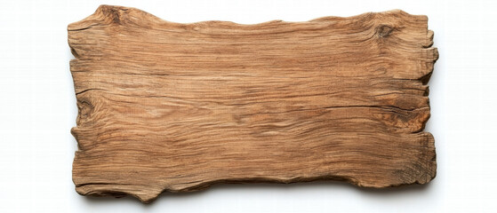 Blank wooden sign. Wooden plank with a rough, natural texture and irregular edges on a white background.