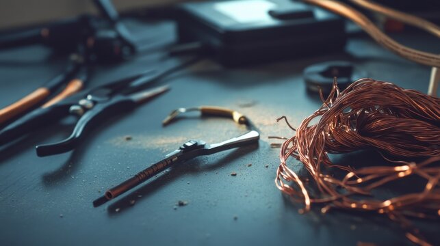 Damaged cables with exposed copper on a clean desk. Featuring frayed edges and broken insulation