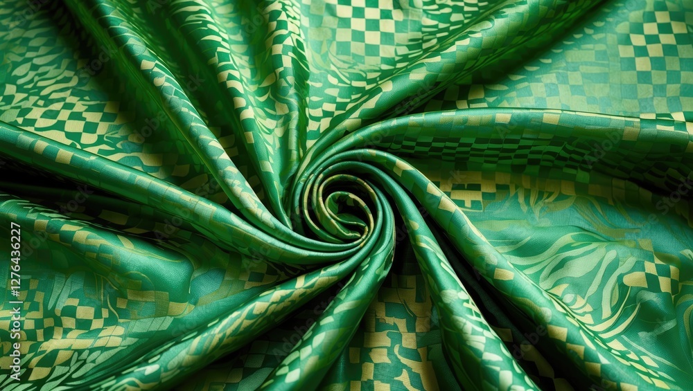 Poster green decorative fabric with intricate patterns and textures folded in a spiral arrangement. suitabl