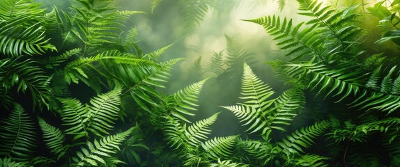 Obraz premium Lush green ferns with varying textures and shades illuminated by soft light in a natural forest setting