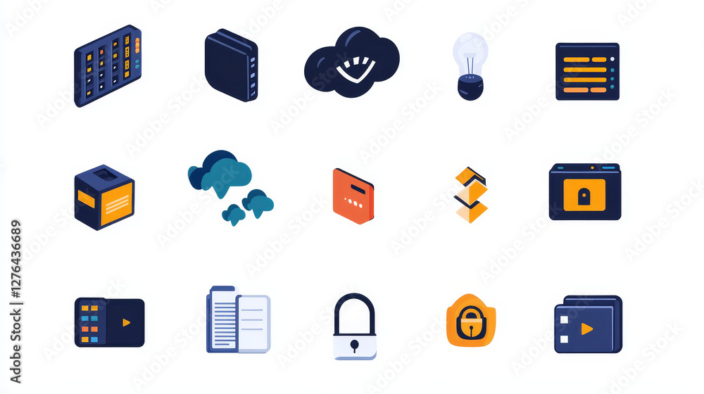 Poster thin lines connection icons outline set of big data center group cloud computing system internet pro
