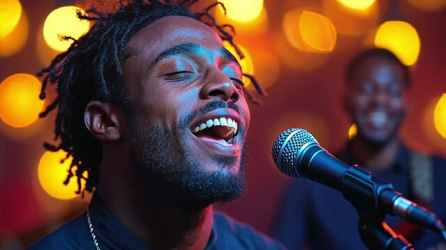 Captivating Melody: A soulful African American singer pours his heart and soul into a captivating performance, his face illuminated by the warm glow of stage lights.
