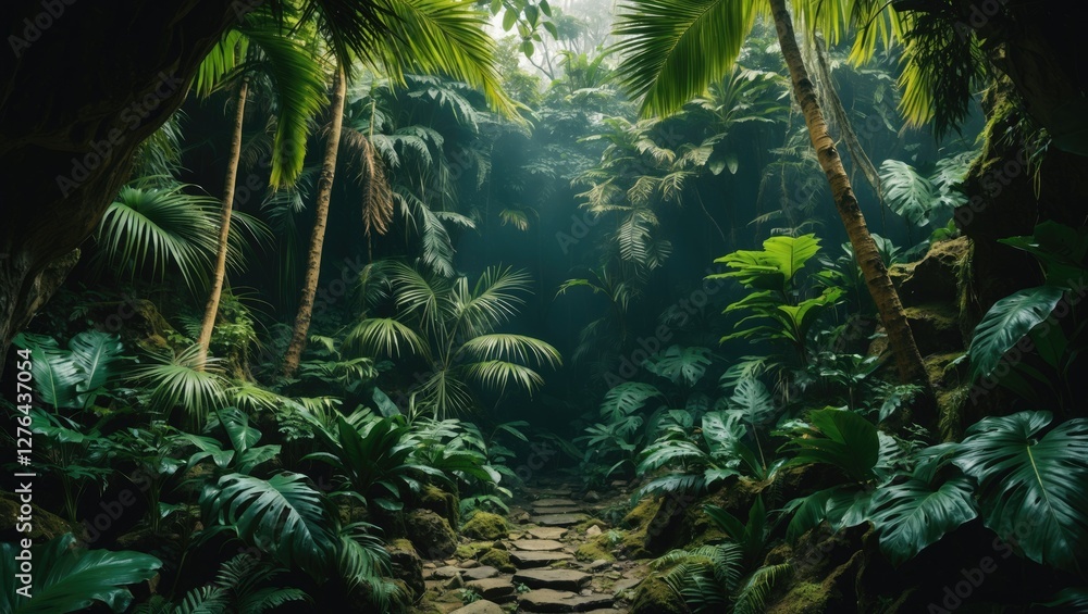 Poster dense tropical forest with lush greenery and a winding stone path illuminated by soft sunlight filte