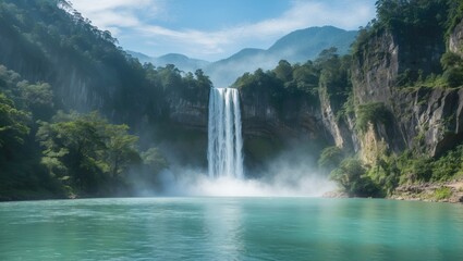 Obraz premium Majestic waterfall cascading into a turquoise lake surrounded by lush green forests and mountains under a clear blue sky
