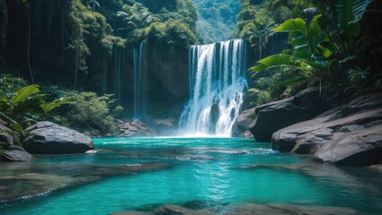 Lush tropical waterfall cascading into turquoise pool surrounded by dense greenery and rocky landscape in a serene natural setting.