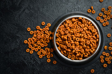 A bowl of dry dog ​​or cat food pellets. Close-up.