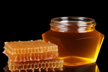 Jar of Golden Honey with Honeycomb on a Black Background, a Sweet and Delicious Treat