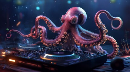 Obraz premium An octopus DJ spinning records on turntables, tentacles skillfully adjusting knobs, deep-sea party vibes.