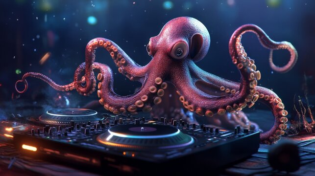 An octopus DJ spinning records on turntables, tentacles skillfully adjusting knobs, deep-sea party vibes.