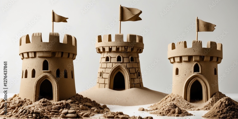 Aufkleber sandcastles with flags on a sandy surface creating a three castle formation with detailed archways a