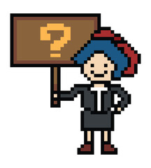 Obraz premium Cute pixel cartoon character woman with question mark decoration 8 bit female girl lady confused idea question mark think questionnaire choose cartoon pixel game 8bit png vector.