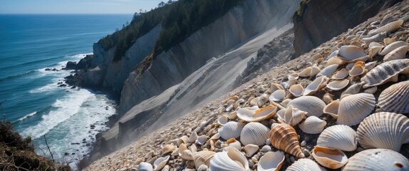 Coastal landscape featuring a shoreline with seashells on a cliffside under a clear blue sky and distant forested hills