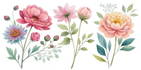 Watercolor Floral Composition Pink and Peach Dahlias, Botanical Illustration, Flower Arrangement, Floral Design Floral design, watercolor painting