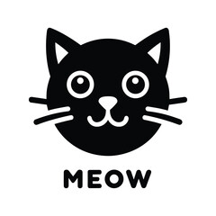 Black cat face vector logo icon, simple flat design on a white background, no shadow under the head of the black, cute kitten, vector illustration style, simple line art, symmetrical composition, logo