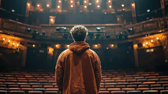 On The Stage: A solitary figure stands center stage in an empty theater, bathed in a spotlight, the anticipation of a performance palpable. The empty rows of seats suggest an upcoming event.