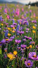 Fototapeta premium A vibrant wildflower meadow stretches across the lush green mountain landscape, bursting with colorful blooms.