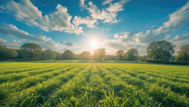 Green grass field under a bright sun with blue sky and scattered clouds landscape during late afternoon in rural setting
